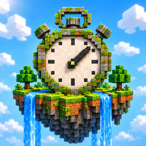 focus thing app icon: a stone stopwatch grown over with moss on a floating block island